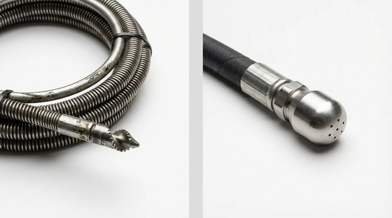 Drain snake cable and hydro jetting nozzle used for drain cleaning in Montezuma, GA