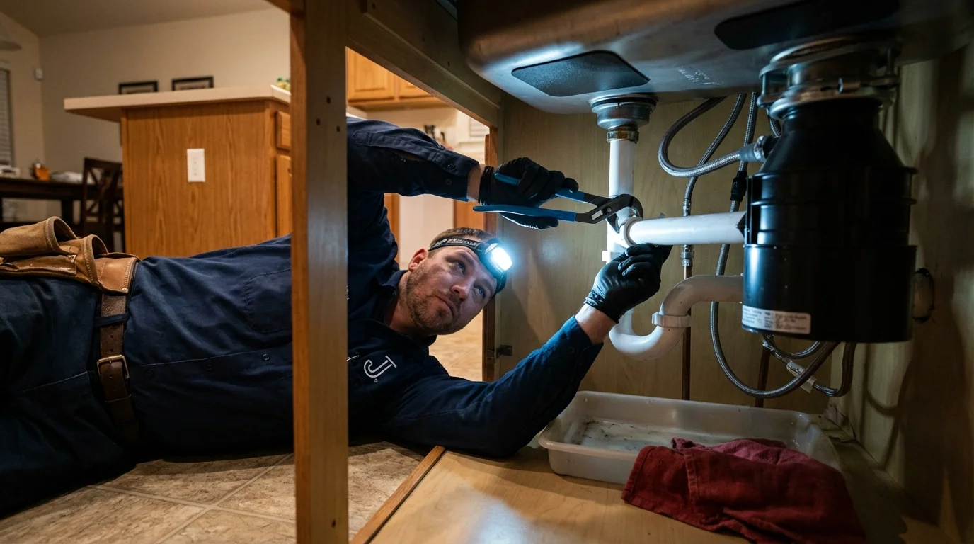 P-trap and supply line connections under a kitchen sink showing a common leak point in Montezuma, GA